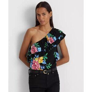 NWT $ 115 LAUREN RALPH LAUREN JERSEY FLORAL ONE- SHOULDER  BLOUSE TOP SZ MEDIUM